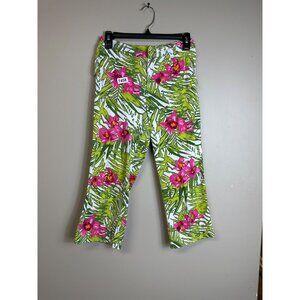 view 4 petite capri floral pants  vibrant tropical print orchids green palm pock